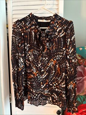 Marie Oliver L Black, Orangey Brown & White Abstract Tie-Neck Blouse, lined